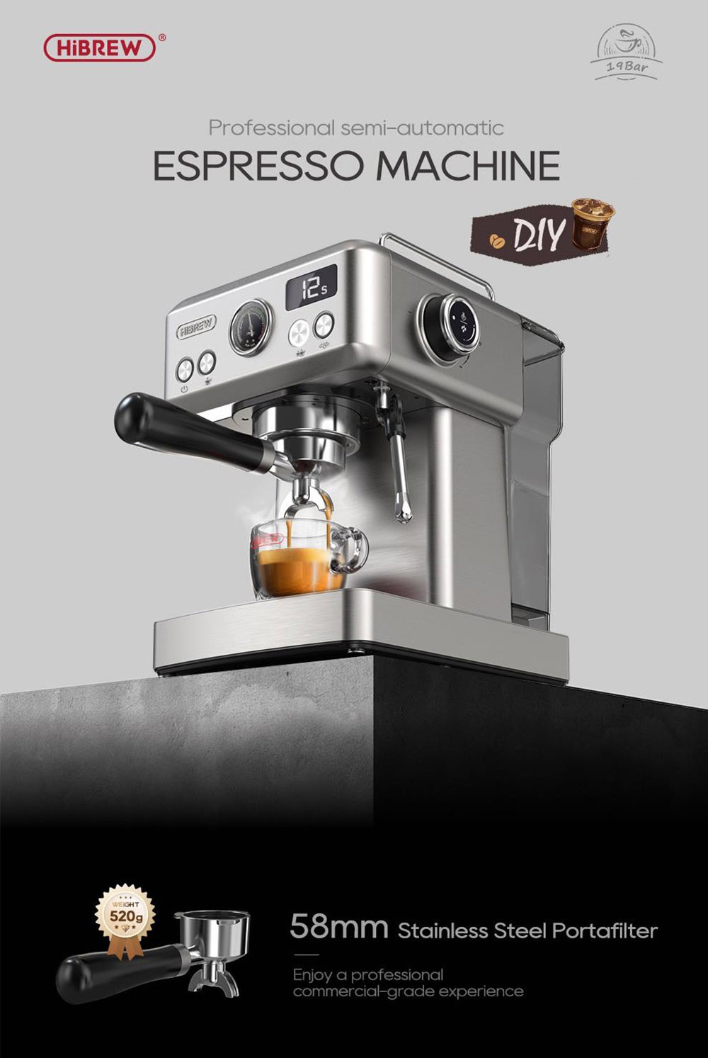 HiBREW H10A Poloautomatický kávovar na espresso, tlak 19 barov, napeňovač mlieka, nastaviteľná teplota, 58mm tamper na kávu, 350ml nádoba, ohrievač šálok, studený/horúci kávovar