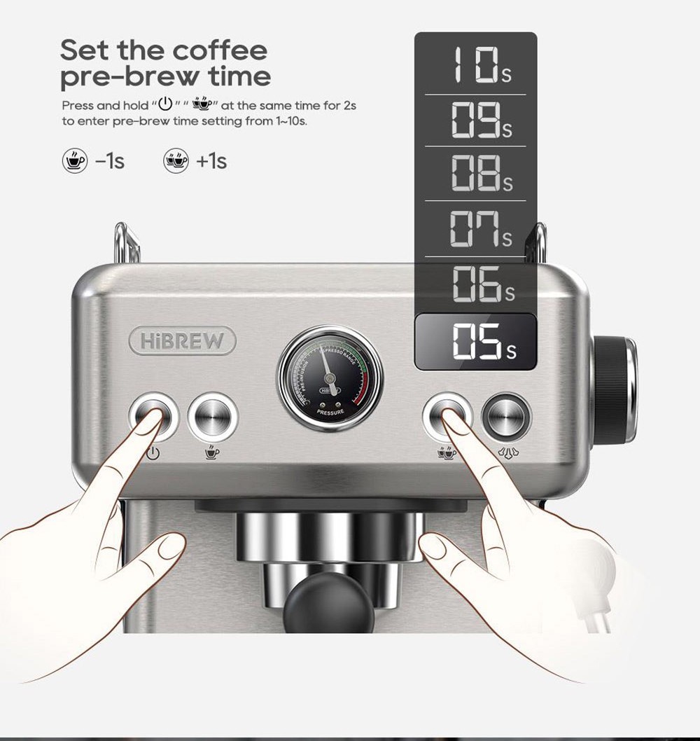 HiBREW H10A Poloautomatický kávovar na espresso, tlak 19 barov, napeňovač mlieka, nastaviteľná teplota, 58 mm tamper na kávu, 350 ml nádoba, ohrievač šálok, studený/horúci kávovar