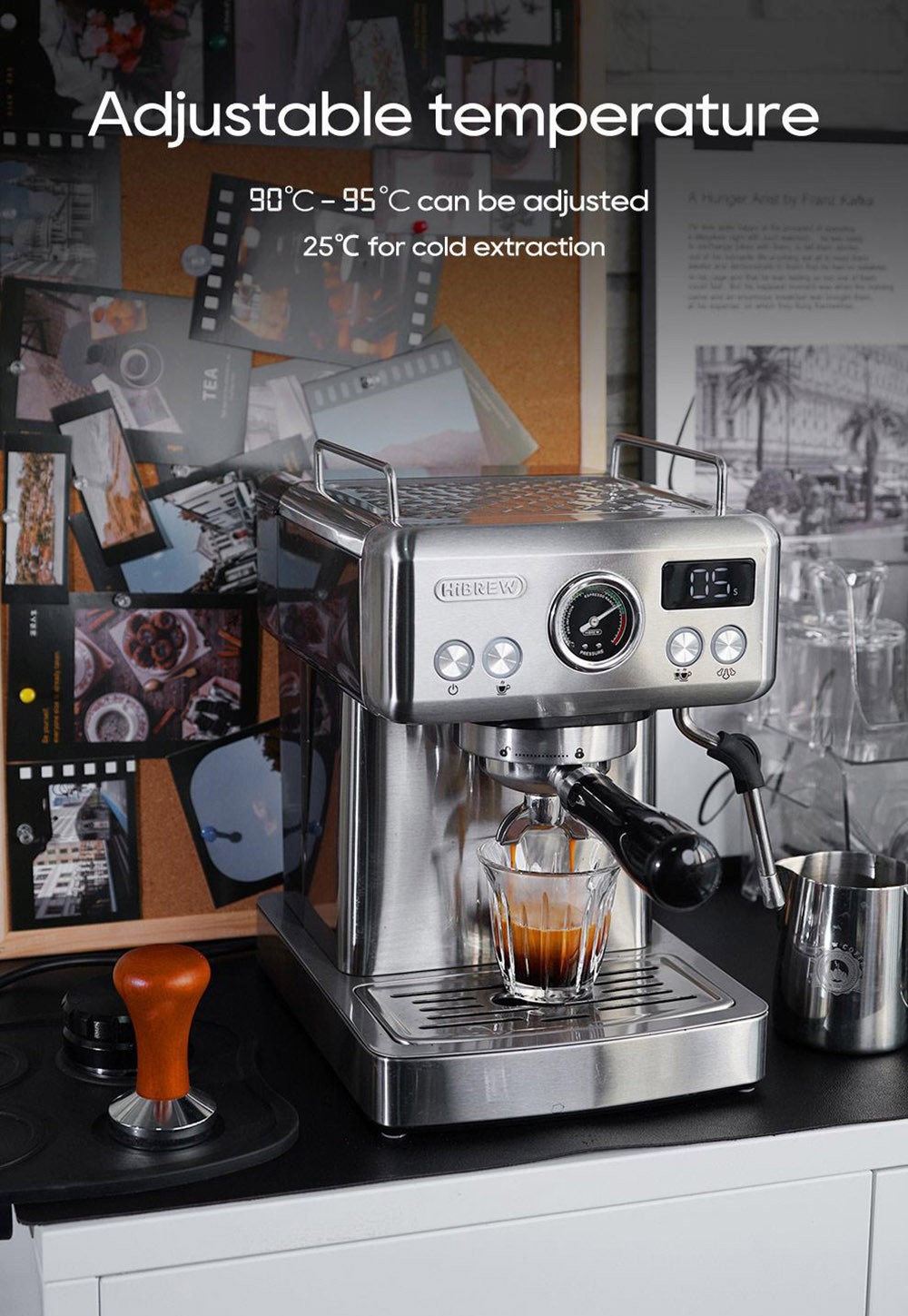 HiBREW H10A Poloautomatický kávovar na espresso, tlak 19 barov, napeňovač mlieka, nastaviteľná teplota, 58 mm tamper na kávu, 350 ml nádoba, ohrievač šálok, studený/horúci kávovar