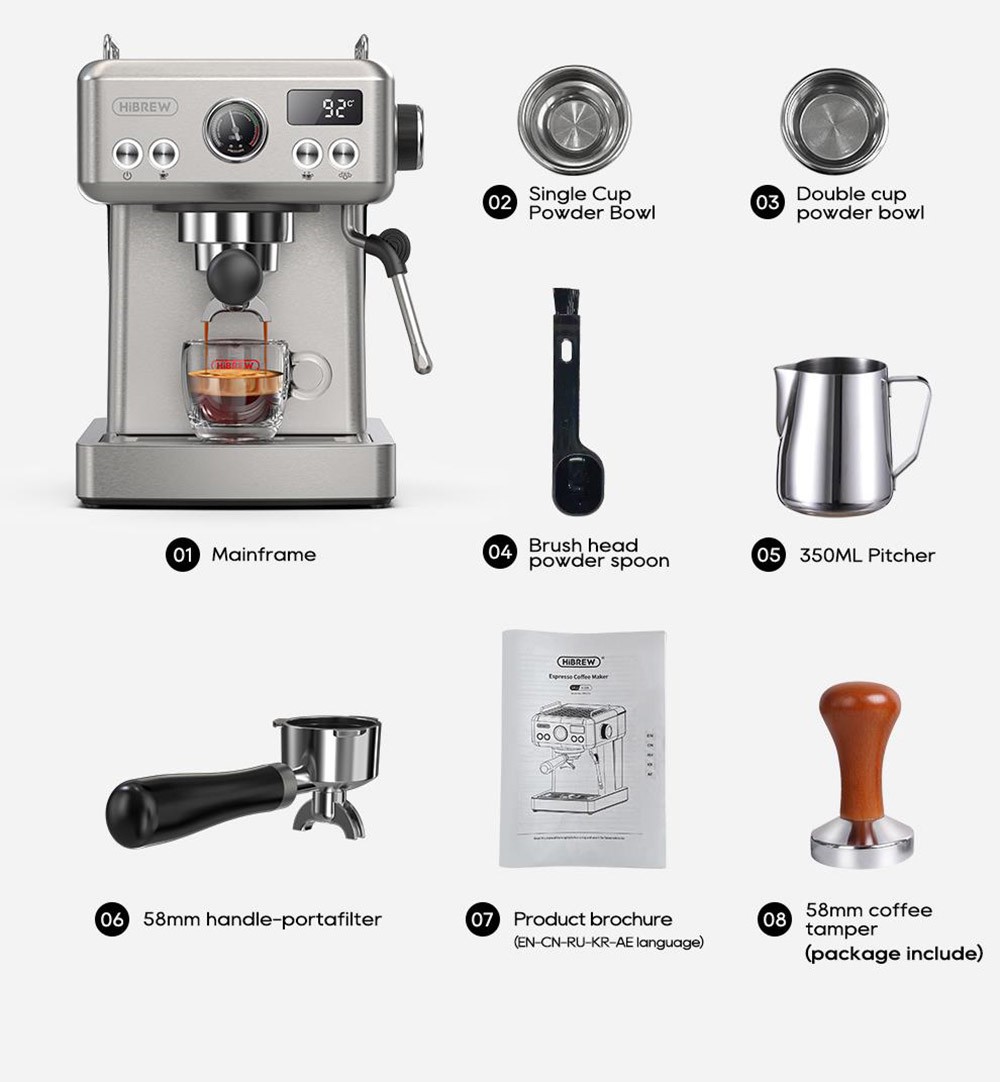 HiBREW H10A Poloautomatický kávovar na espresso, tlak 19 barov, napeňovač mlieka, nastaviteľná teplota, 58 mm tamper na kávu, 350 ml nádoba, ohrievač šálok, kávovar na studenú/horúcu kávu