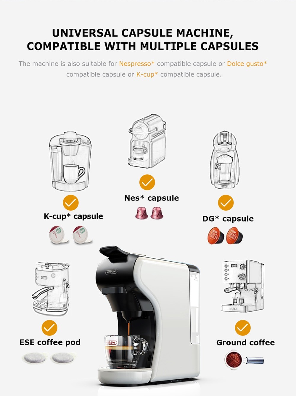 HiBREW H1A 4 IN 1 Expresso kávovar kompatibilný s mletou kávou Dolce Gusto - biely