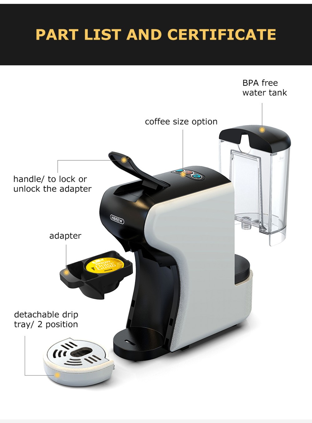HiBREW H1A 4 IN 1 Expresso kávovar kompatibilný s mletou kávou Dolce Gusto - biely