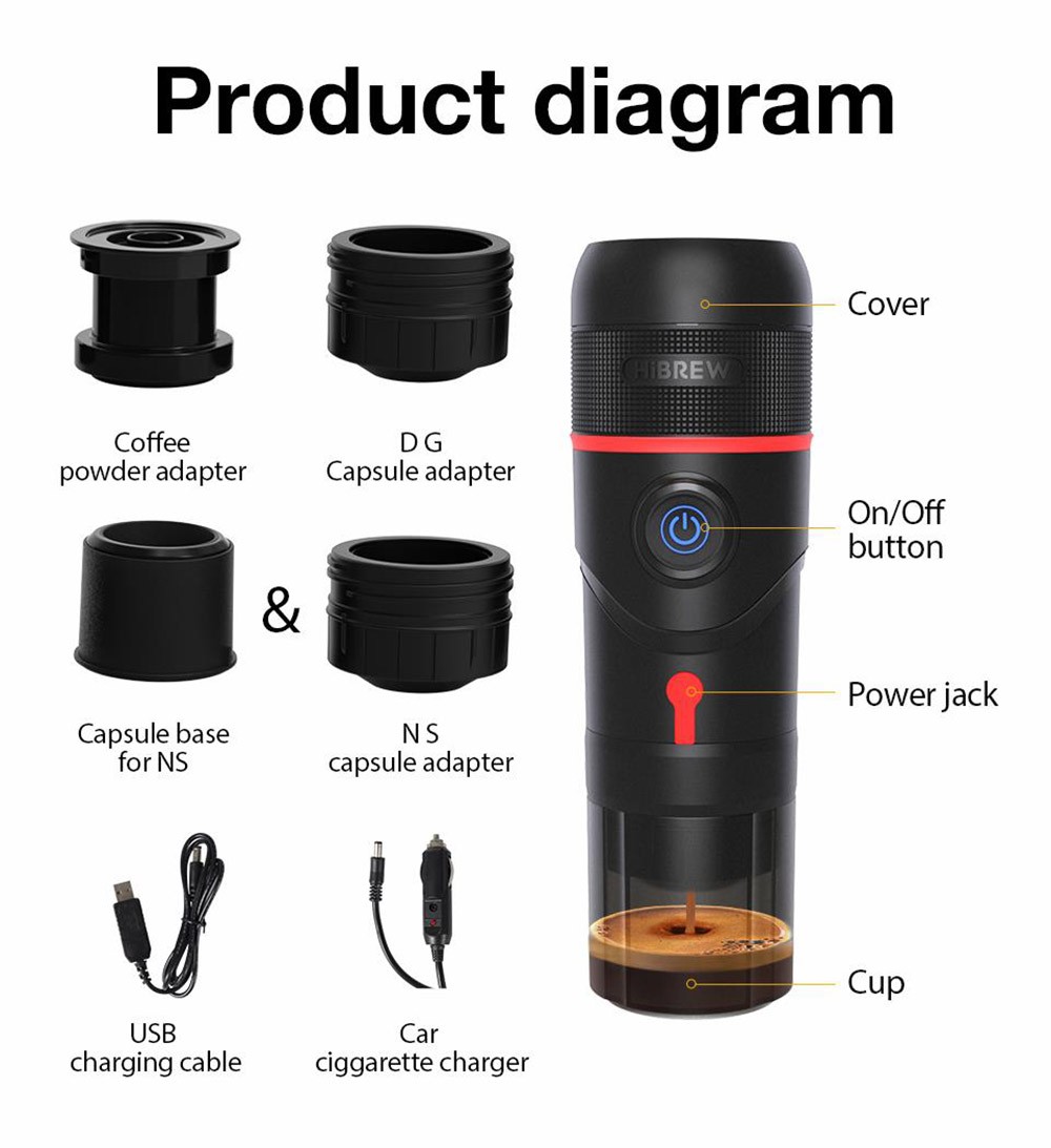 HiBREW H4 Portable Car Coffee Machine with Adapter, 15 Bar Pressure, DC 12V Espresso Coffee Maker with Adapter, 60ml Water Tank, Compatible with Nestle Original/DG Capsule/Ground Coffee