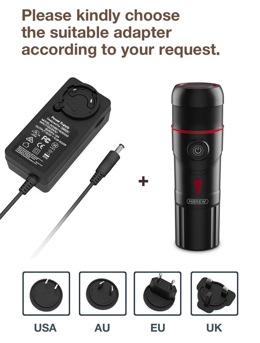 HiBREW H4 Portable Car Coffee Machine with Adapter, 15 Bar Pressure, DC 12V Espresso Coffee Maker with Adapter, 60ml Water Tank, Compatible with Nestle Original/DG Capsule/Ground Coffee