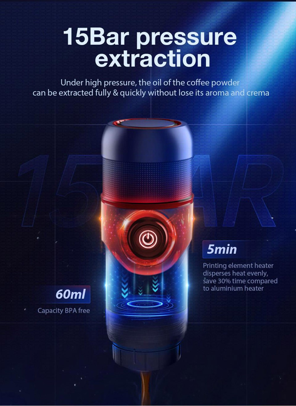 HiBREW H4 Portable Car Coffee Machine with Adapter, 15 Bar Pressure, DC 12V Espresso Coffee Maker with Adapter, 60ml Water Tank, Compatible with Nestle Original/DG Capsule/Ground Coffee