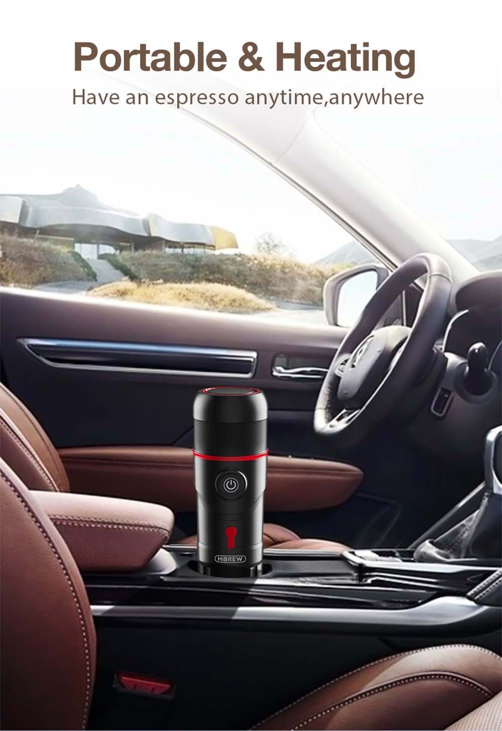 HiBREW H4 Portable Car Coffee Machine with Adapter Storage Bag, 15 Bar Pressure, DC 12V Espresso Coffee Maker, 60ml Water Tank, Compatible with Nestle Original/DG Capsule/Ground Coffee