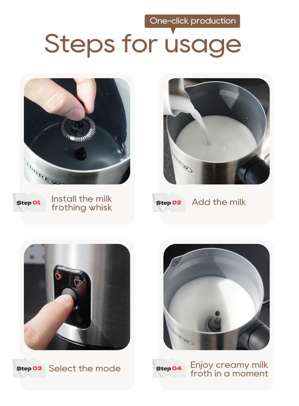 HiBREW M3A 4 v 1 napeňovač mlieka, plne automatický ohrievač mlieka, studené/horúce napeňovanie, kapacita napeňovania 130 ml, kapacita ohrievania mlieka 300 ml