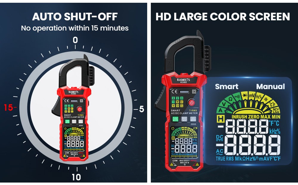 KAIWEETS KC602 Smart Digital Clamp Meter, 6000 Counts True-RMS, Auto Range, AC/DC Current, NCV Detection Function