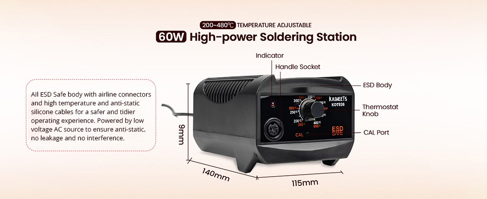 KAIWEETS KOT936 Electric Soldering Station, 60W Power Consumption, 200-480 Celsius Temperature Range, 900M Soldering Iron Tips