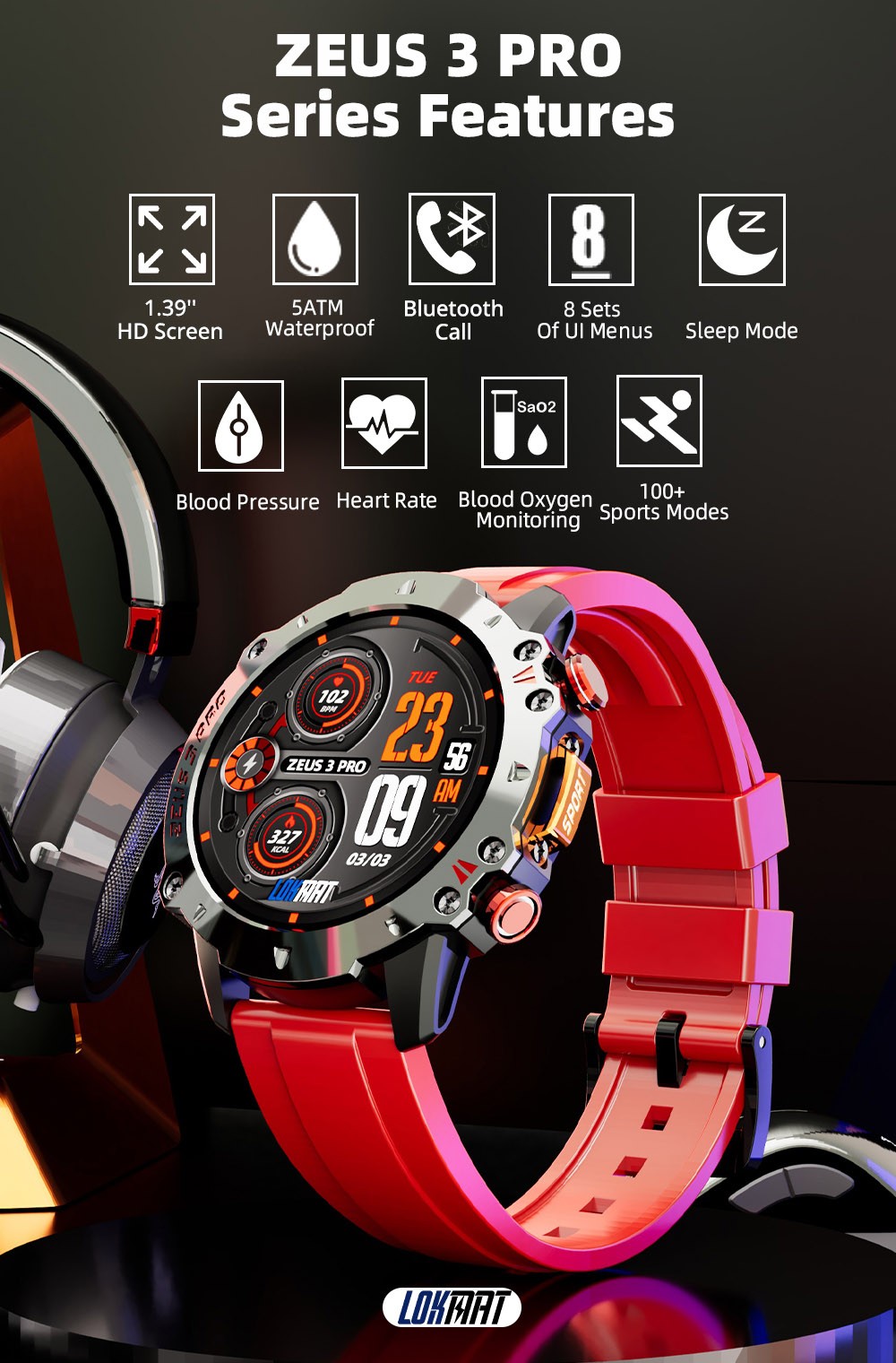 LOKMAT ZEUS 3 Pro Smartwatch 1.39 TFT Screen Heart Rate, Blood Pressure, SpO2 Monitor Bluetooth 5.1 - Blue