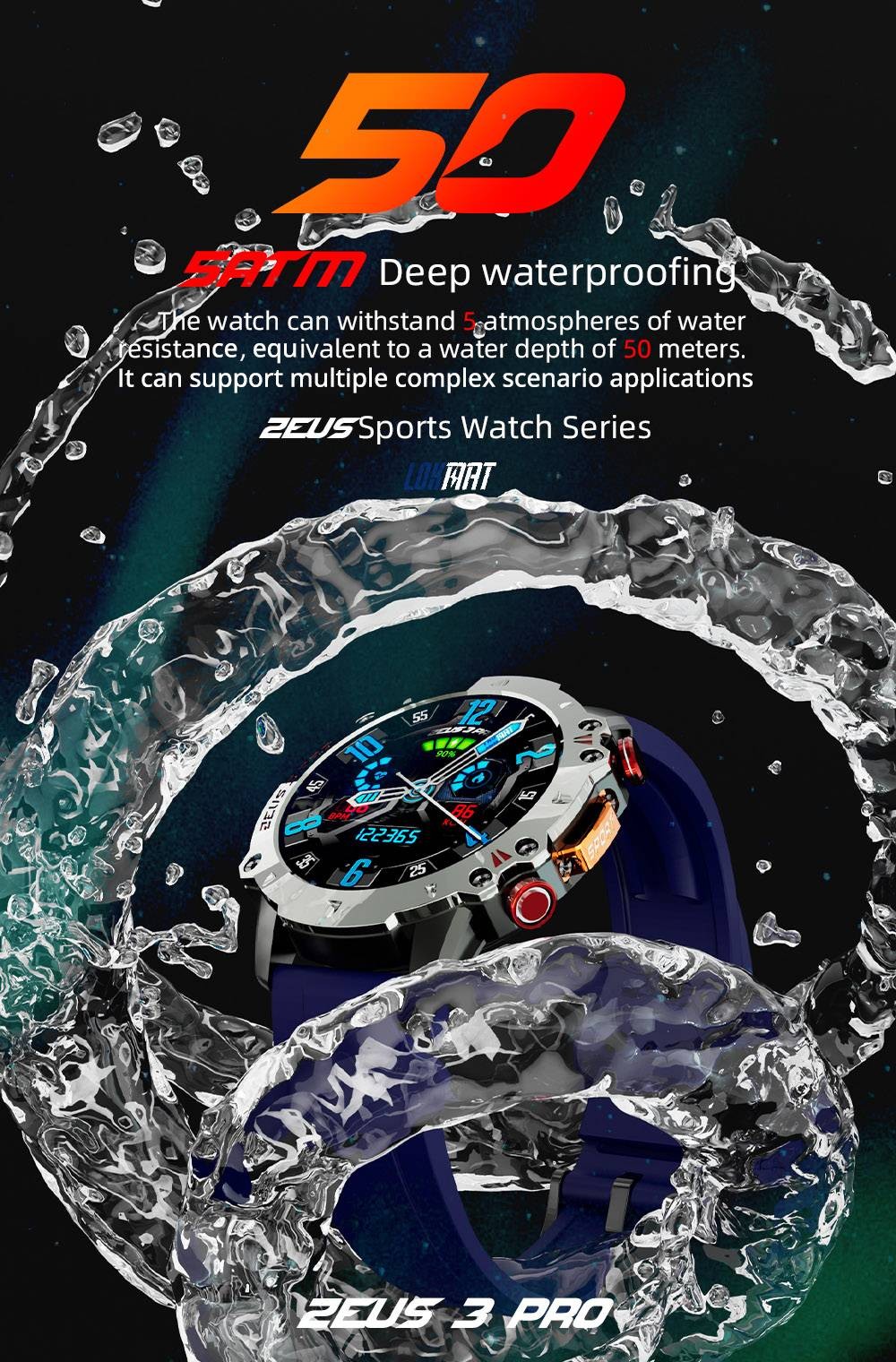 LOKMAT ZEUS 3 Pro Smartwatch 1.39 TFT Screen Heart Rate, Blood Pressure, SpO2 Monitor Bluetooth 5.1 - Blue