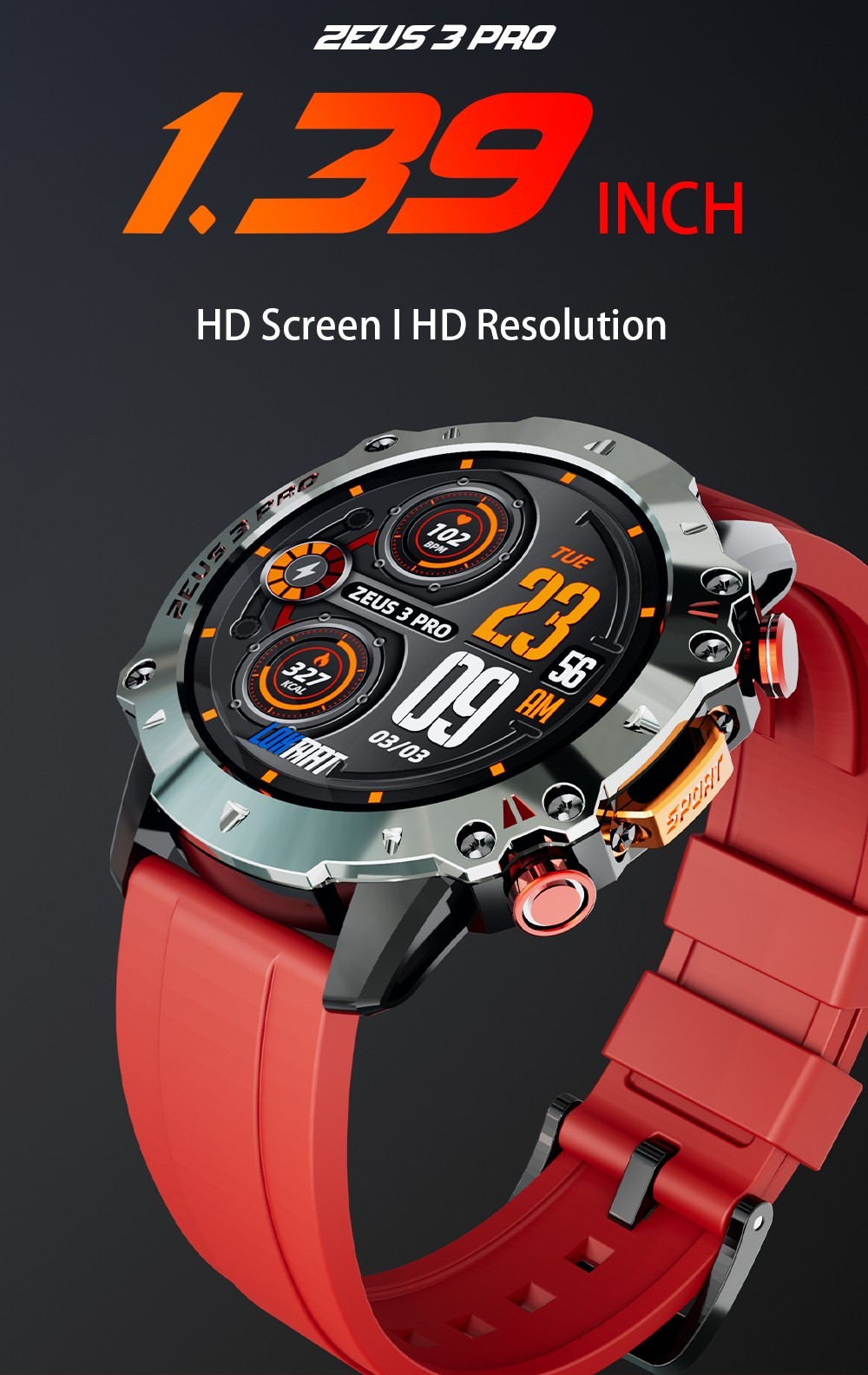 LOKMAT ZEUS 3 Pro Smartwatch 1.39 TFT Screen Heart Rate, Blood Pressure, SpO2 Monitor Bluetooth 5.1 - Red