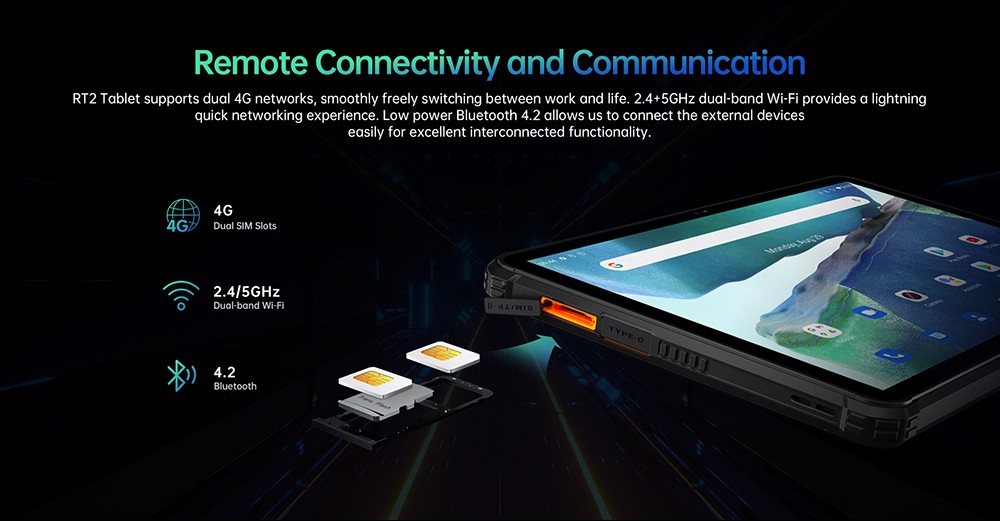 Oukitel RT2 10.1in Tablet MediaTek MT8788 8GB RAM 256GB ROM Android 12 Dual 16MP Camera 20000mAh Battery 4G Dual SIM WiFi - Black