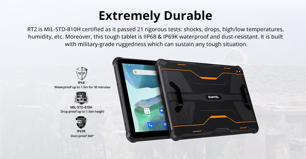 Oukitel RT2 10.1in Tablet Mediatek MT8788 8GB RAM 256GB ROM Android 12 Dual 16MP Camera 20000mAh Battery 4G Dual SIM WiFi - Orange