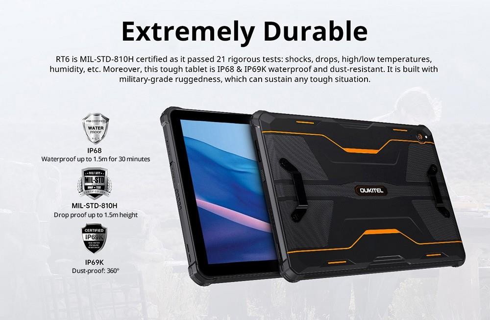 Oukitel RT6 10.1in Tablet Mediatek MT8788 8GB RAM 256GB ROM Android 13 Dual 16MP Camera 20000mAh Battery 4G Dual SIM WiFi - Black