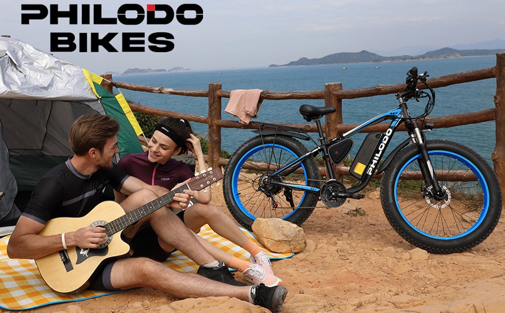 PHILODO H7 Elektrofahrrad 26 * 4.0in Reifen 1000W Motor 48V 17.5Ah Batterie 88km Laufleistung Shimano 21 G&auml;nge Getriebe - Blau