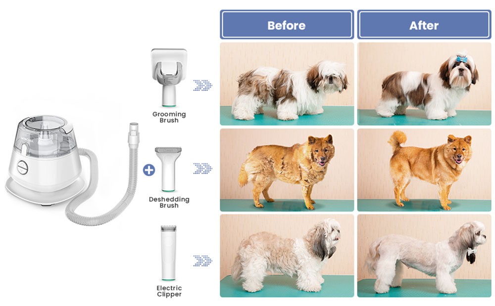 Zastrihávač psov YISORA P20S s vysávačom chlpov domácich zvierat, sací výkon max. 10KPa, 1.2L nádoba na prach, nízka hlučnosť, zastrihávač chlpov psov a mačiek, s 5 osvedčenými nástrojmi na starostlivosť