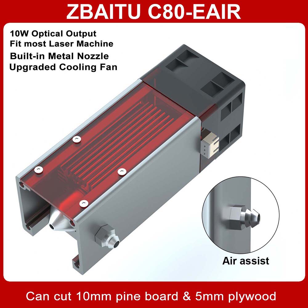 ZBAITU C80-EAIR 10W laserový modul so vzduchovým asistentom, pevné zaostrenie, 0,08x0.08mm Spot, ochrana očí