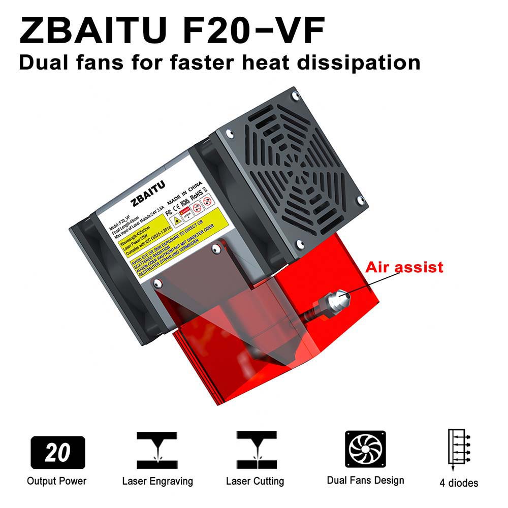 ZBAITU F20-VF 20W laserový modul, Air Assist, s pevným zaostrením, 0,08x0,08 mm spot, 0.01 mm presnosť, dva ventilátory