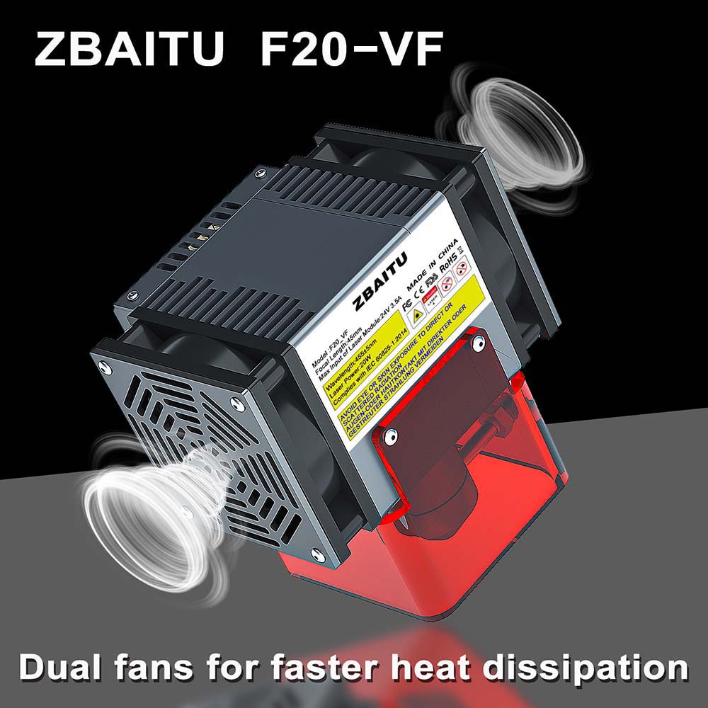 ZBAITU F20-VF 20W laserový modul, Air Assist, s pevným zaostrením, 0,08x0,08 mm Spot, 0.01mm presnosť, dva ventilátory