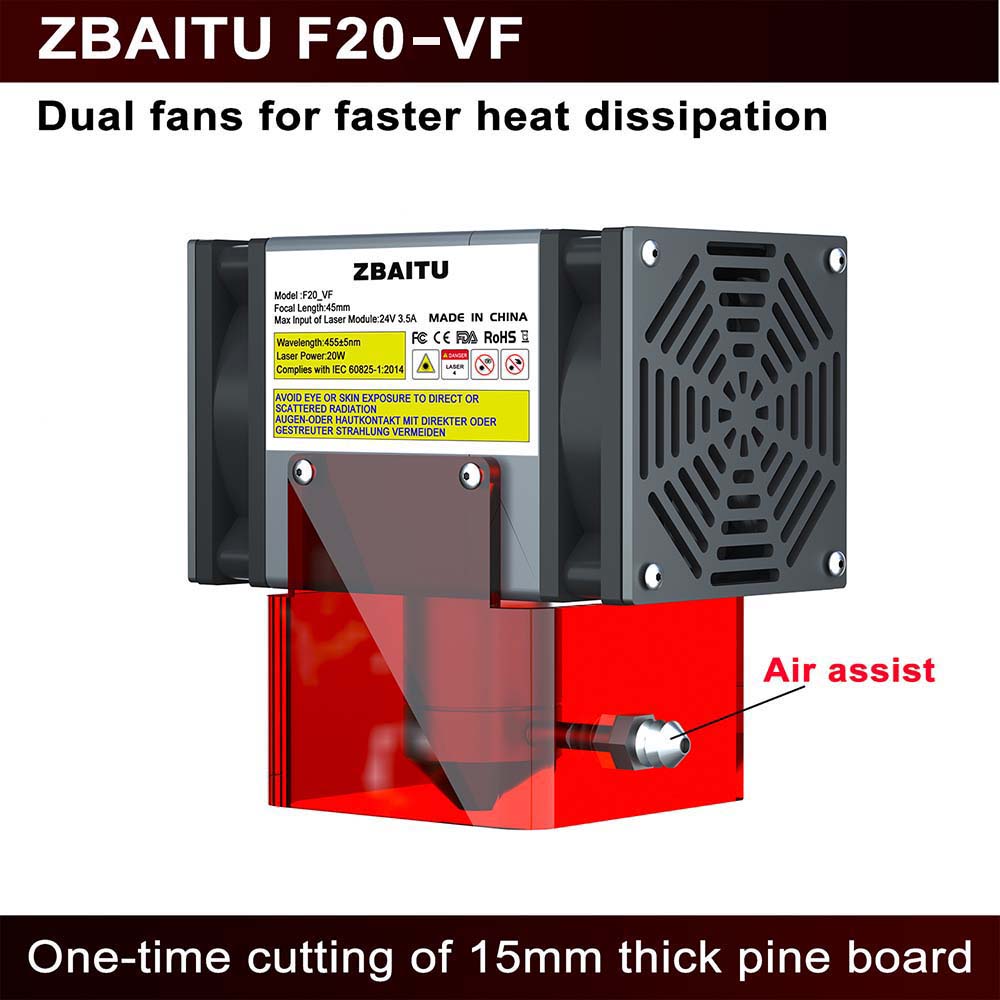 ZBAITU F20-VF 20W laserový modul, Air Assist, s pevným zaostrením, 0,08x0,08 mm spot, 0.01 mm presnosť, dva ventilátory