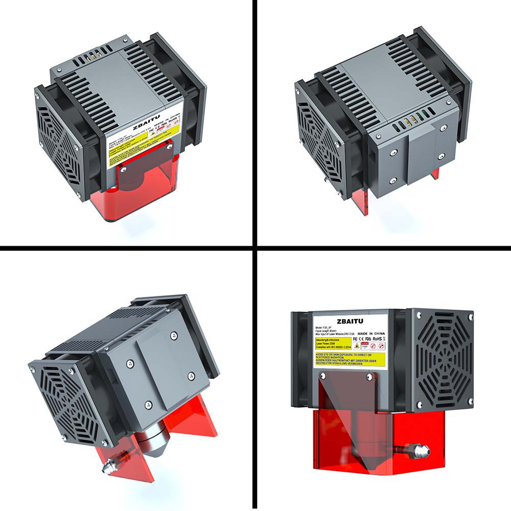 ZBAITU F20-VF 20W laserový modul, Air Assist, s pevným zaostrením, 0,08x0,08 mm Spot, 0.01mm presnosť, dva ventilátory