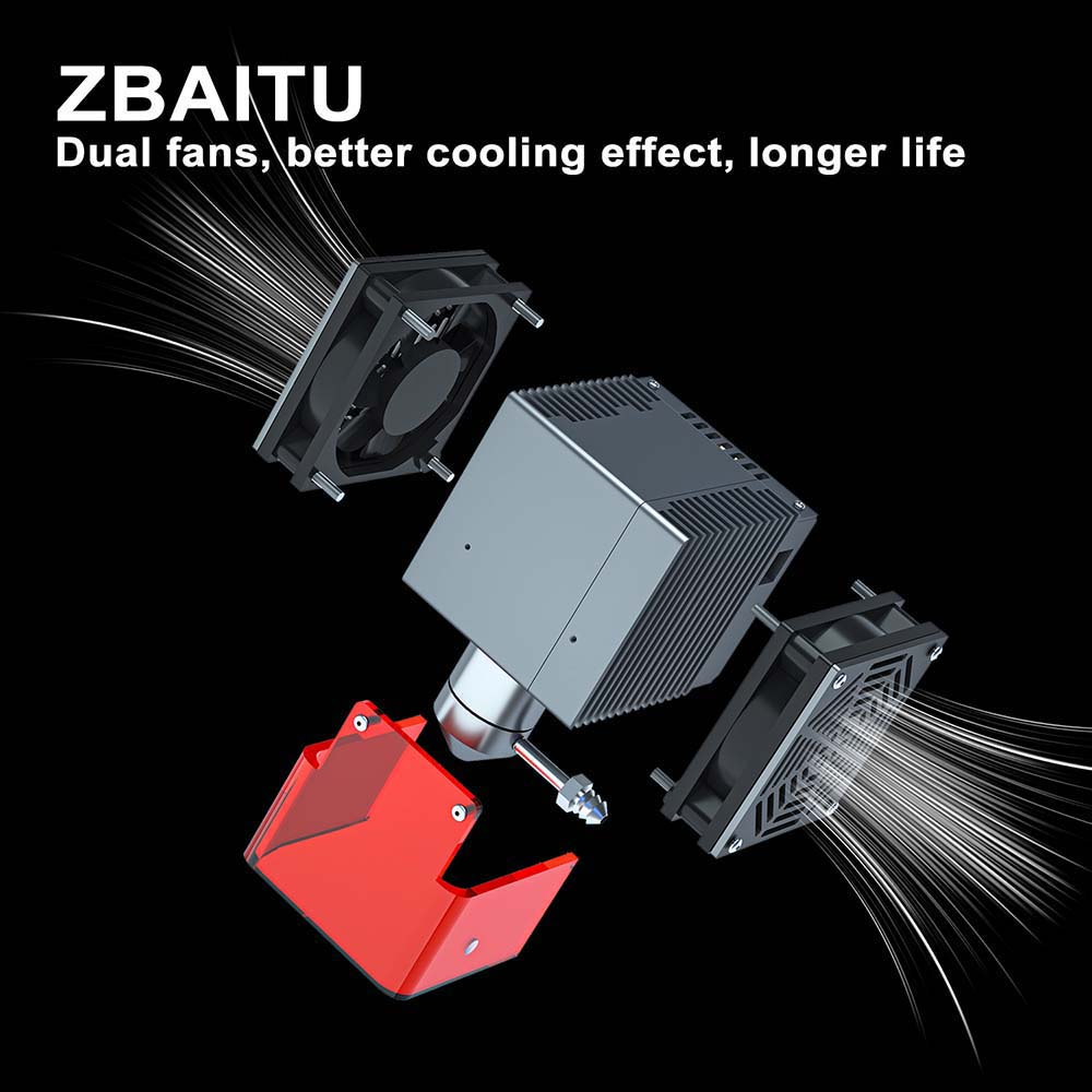 ZBAITU F20-VF 20W laserový modul, Air Assist, s pevným zaostrením, 0,08x0,08 mm Spot, 0.01mm presnosť, dva ventilátory