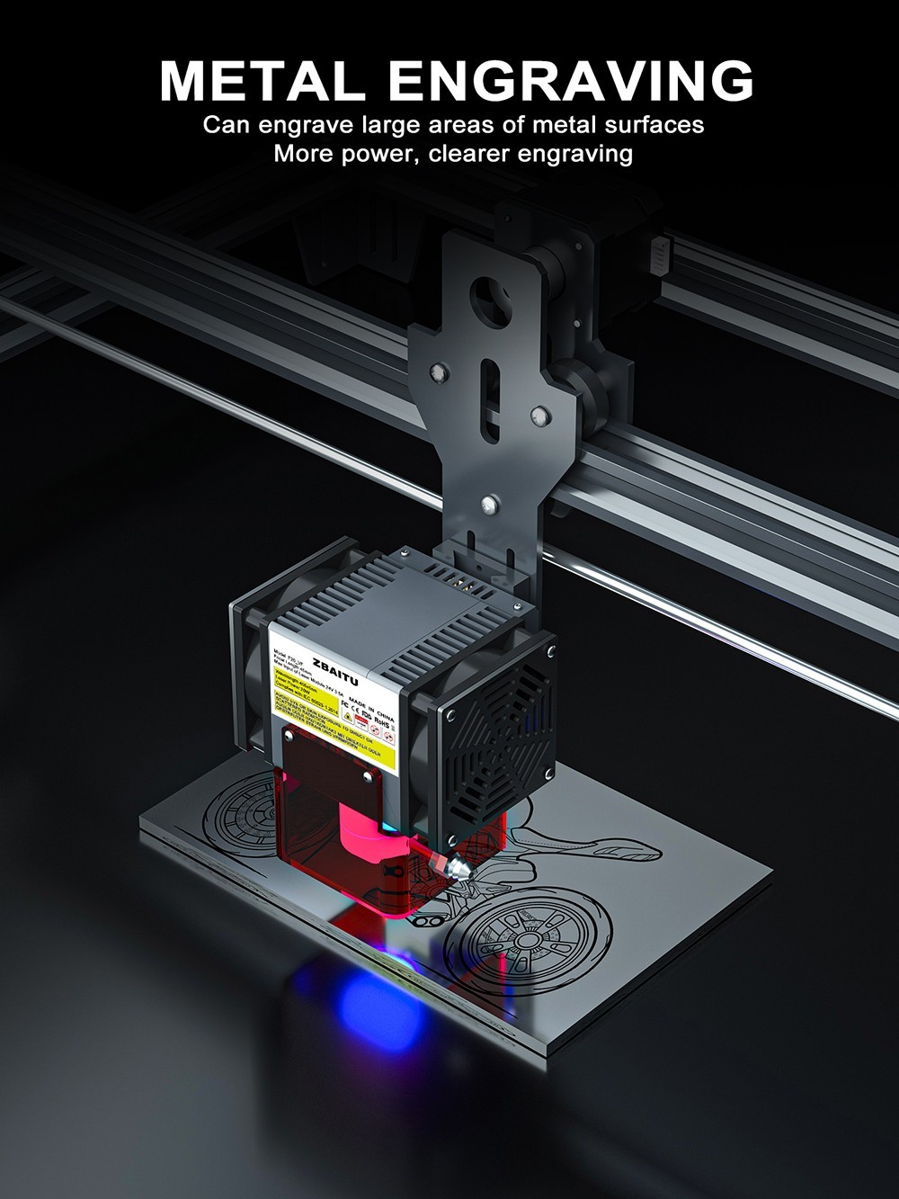 ZBAITU Z40 laserová gravírovačka, výkon lasera 20 W, max. rýchlosť gravírovania 30000 mm/min, vzduchové čerpadlo, zásuvkový voštinový panel, otočný stôl, odsávač dymu, uzavreté telo, pripojenie na aplikáciu, 400x400 mm