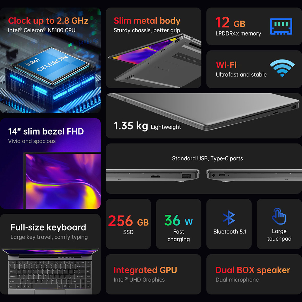 ALLDOCUBE GT BOOK Laptop 14.1 inch FHD Intel Celeron N5100 12GB DDR4 256GB SSD WiFi 6 Bluetooth 5.1 - EU Plug