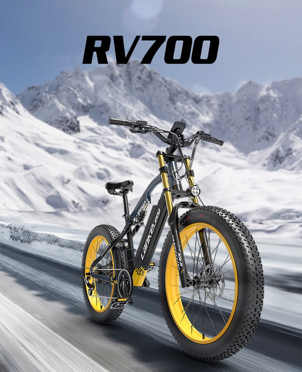 LANKELEISI RV700 Electric Bike 26*4.0 Inch Fat Tire 16Ah 48V 1000W 42Km/h Max Speed Max Load 150KG - Black Yellow