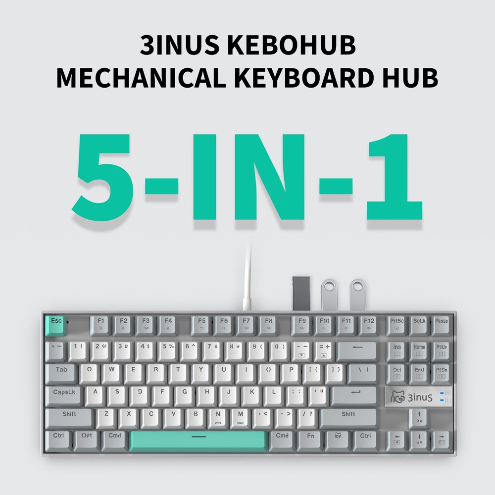 3inuS 87-Key 5-in-1 Mechanical Keyboard Hub Dual USB-C Cable Hot-Swappable - Red Switches
