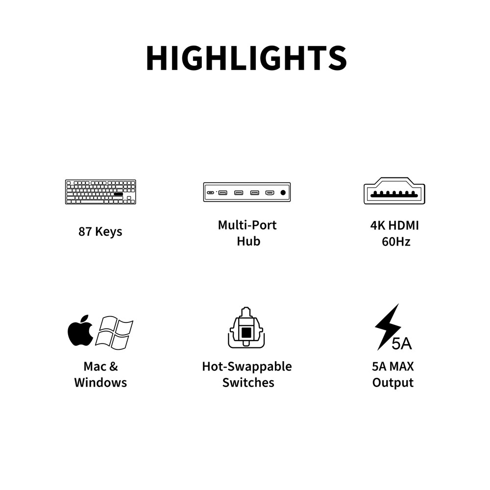 3inuS 87-Key 5-in-1 Mechanical Keyboard Hub Dual USB-C Cable Hot-Swappable - Red Switches