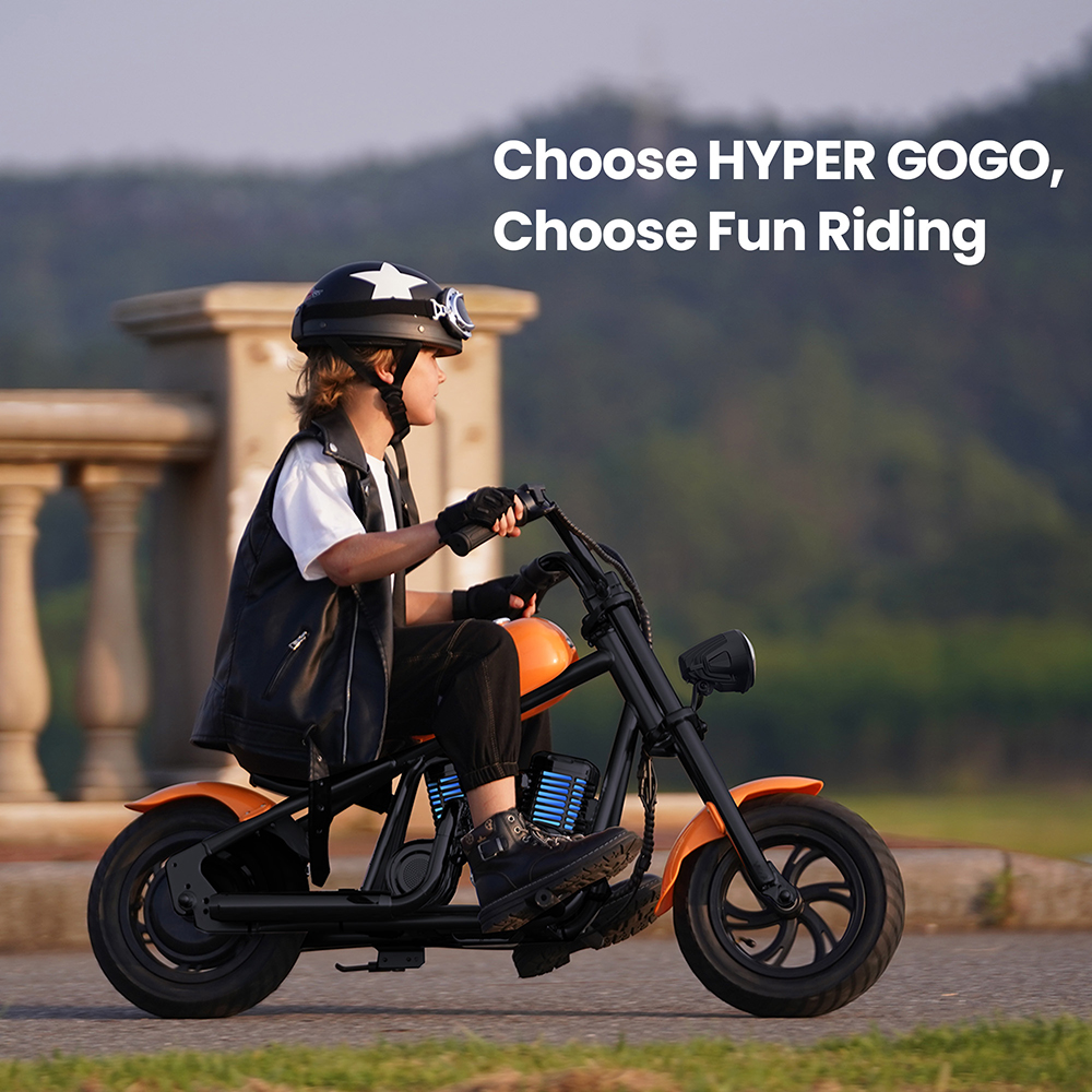 HYPER GOGO Cruiser 12 Plus Electric Motorcycle for Kids 24V 5.2Ah Battery 160W Motor 16km/h Speed 12″ x 3″ Tires, 12km Max Range  with Odometer, Ambient Lights, Simulated Smoke, Bluetooth Speaker – Green