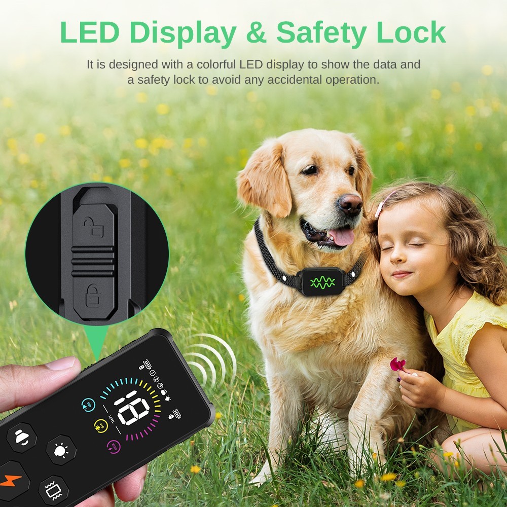 Fluffee RC09 Dog Training Collar, 3 Training Modes, Remote Control, LED Display, USB Charging, IP67 Waterproof - Black