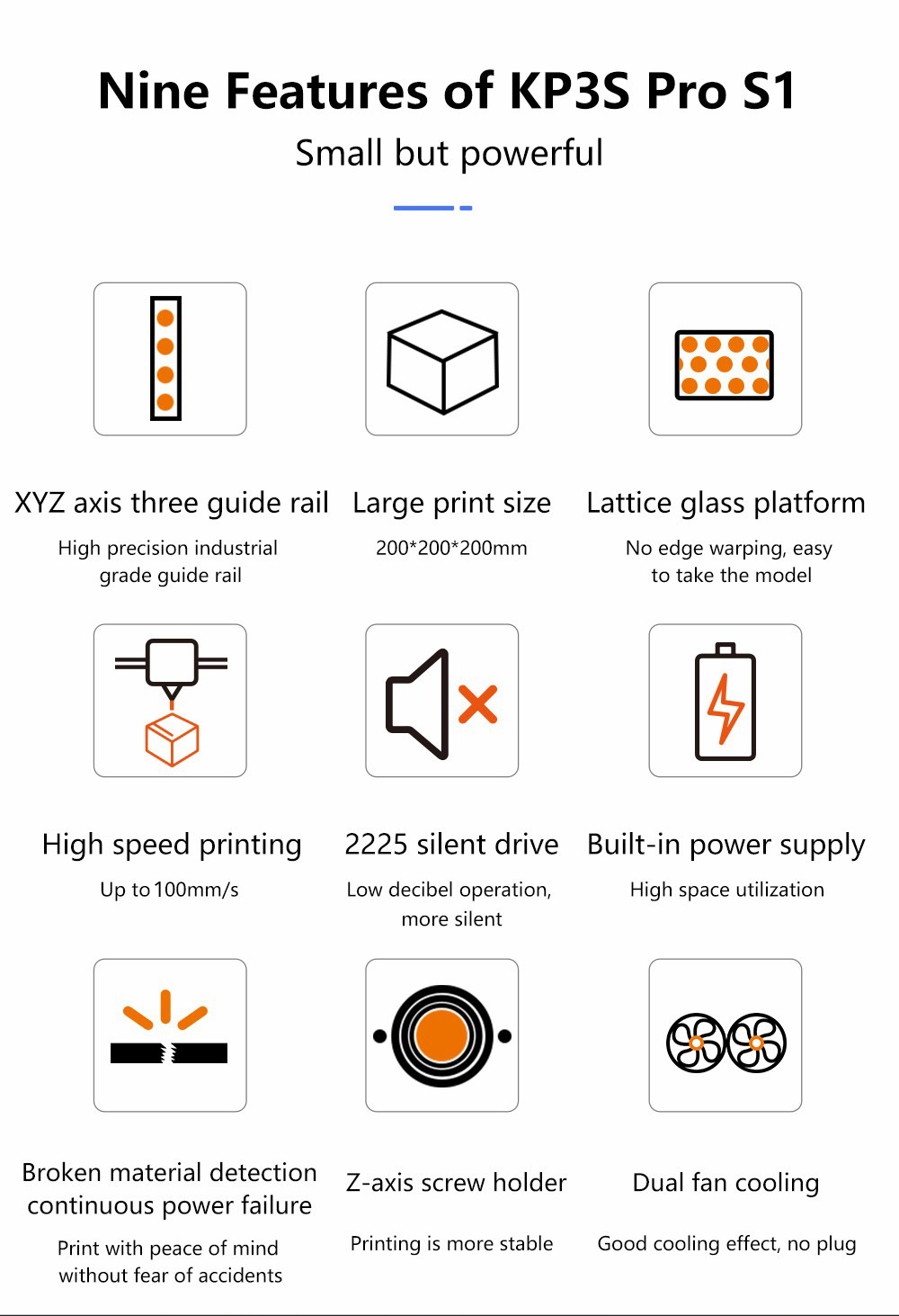 KINGROON KP3S Pro S1 3D Printer, Direct Extruder, 100mm/s Max Printing Speed, Mute Printing, 32-bit Motherboard, Resume Printing, Pre-Assembly, 200*200*200mm