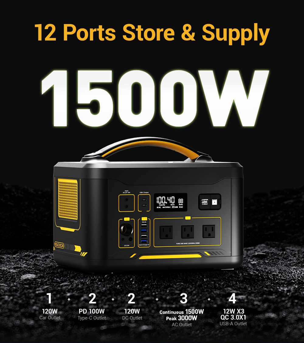 VTOMAN JUMP 1500X Portable Power Station, 828Wh LiFePO4 Solar Generator, 1500W AC Output, Expandable to 2376Wh, 12V Jump Starter, LED Flashlight, 12 Ports