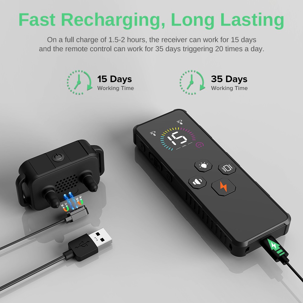 Fluffee RC09 Dog Training Collar, 3 Training Modes, Remote Control, LED Display, USB Charging, IP67 Waterproof - Black