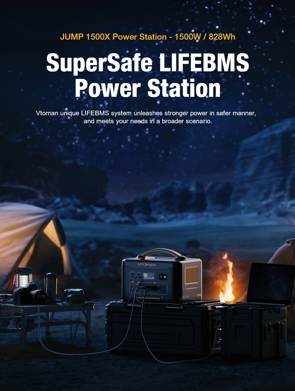 VTOMAN JUMP 1500X Portable Power Station, 828Wh LiFePO4 Solar Generator, 1500W AC Output, Expandable to 2376Wh, 12V Jump Starter, LED Flashlight, 12 Ports