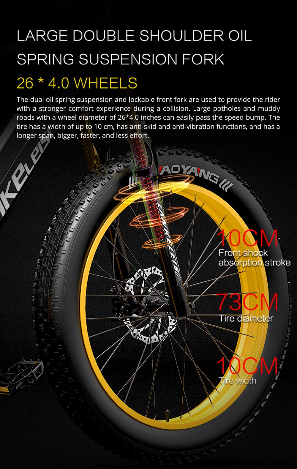 LANKELEISI RV700 Electric Bike 26*4.0 Inch Fat Tire 16Ah 48V 1000W 42Km/h Max Speed Max Load 150KG - Black Yellow