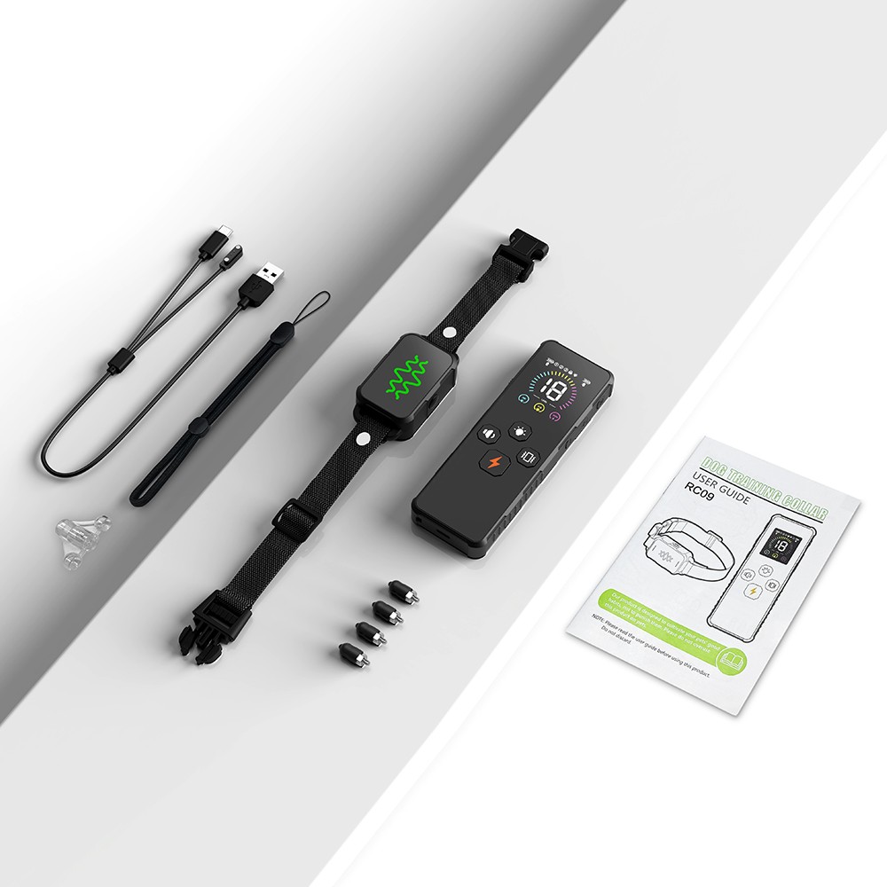 Fluffee RC09 Dog Training Collar, 3 Training Modes, Remote Control, LED Display, USB Charging, IP67 Waterproof - Black