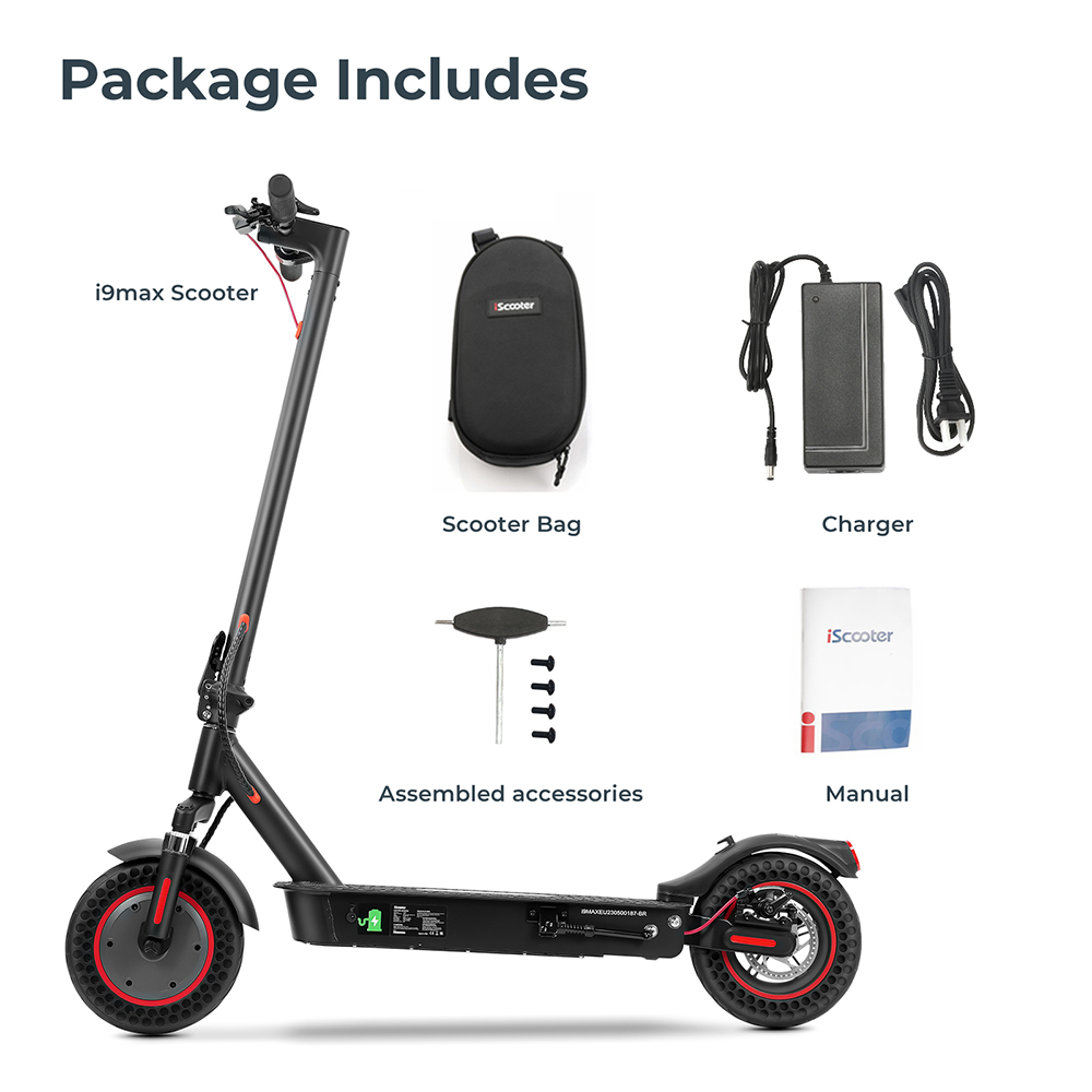 iScooter i9 Max Electric Scooter 10 Inch Honeycomb Tire 500W Motor 36V 10Ah Battery 30Km/h Max Speed 30-40km Max Range 120KG Load Dual Shock Absorption Smart APP Control