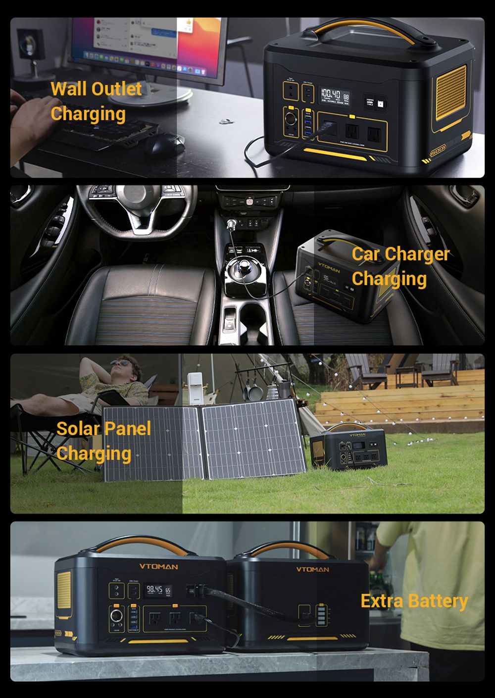 VTOMAN JUMP 1500X Portable Power Station, 828Wh LiFePO4 Solar Generator, 1500W AC Output, Expandable to 2376Wh, 12V Jump Starter, LED Flashlight, 12 Ports
