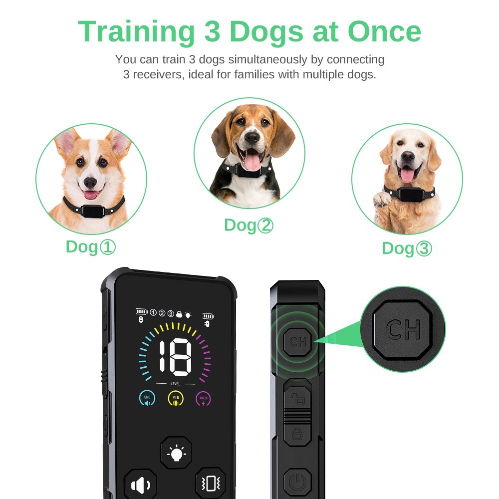 Fluffee RC09 Dog Training Collar, 3 Training Modes, Remote Control, LED Display, USB Charging, IP67 Waterproof - Black