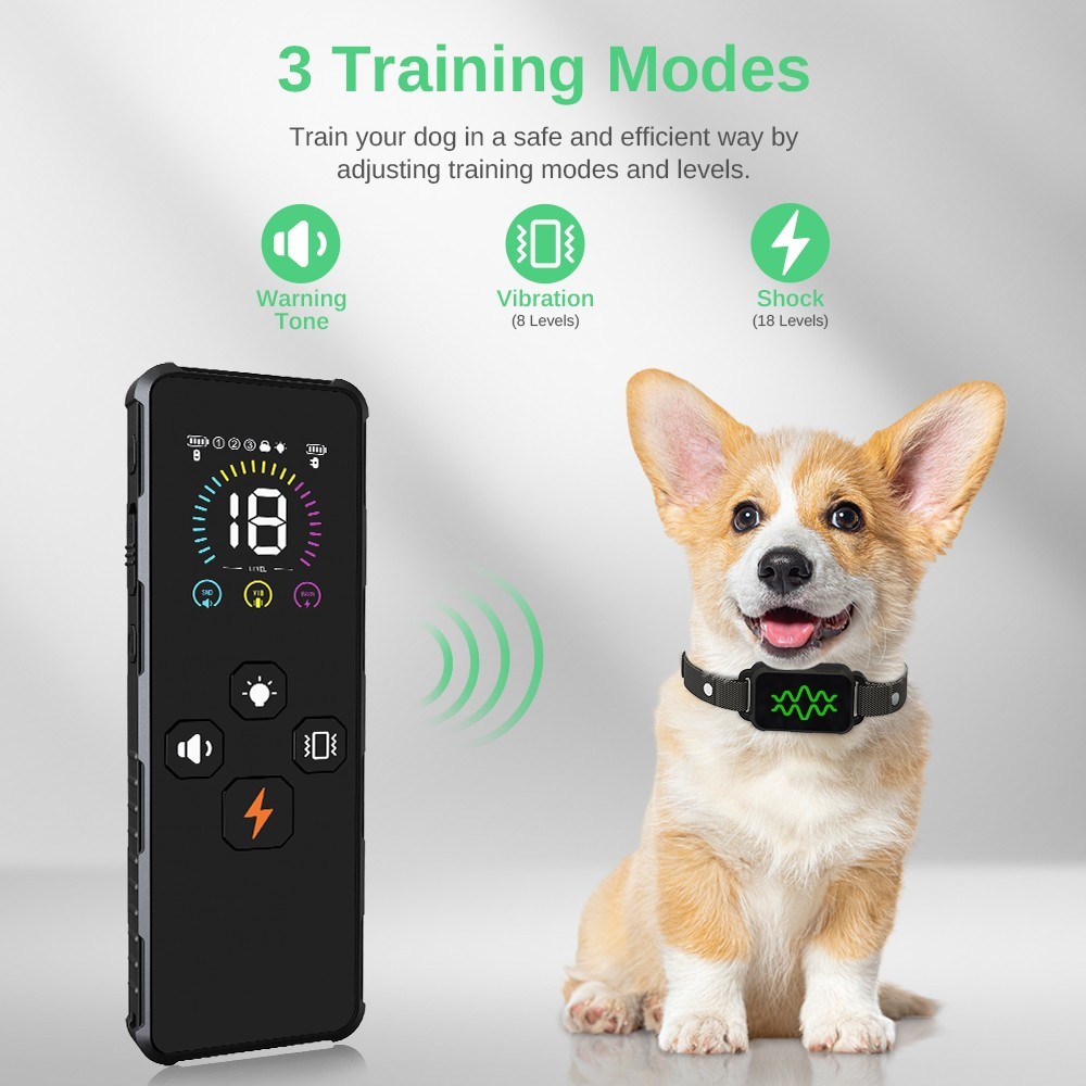 Fluffee RC09 Dog Training Collar, 3 Training Modes, Remote Control, LED Display, USB Charging, IP67 Waterproof - Black