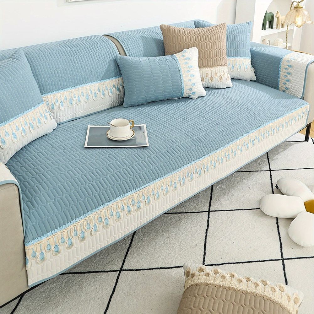9070cm Feather Embroidery Quilted Couch Cover Blue