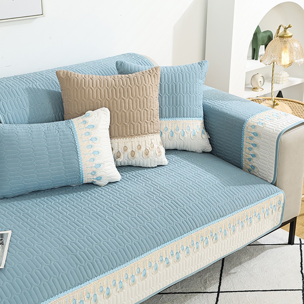 90-70cm Feather Embroidery Quilted Couch Cover - Blue