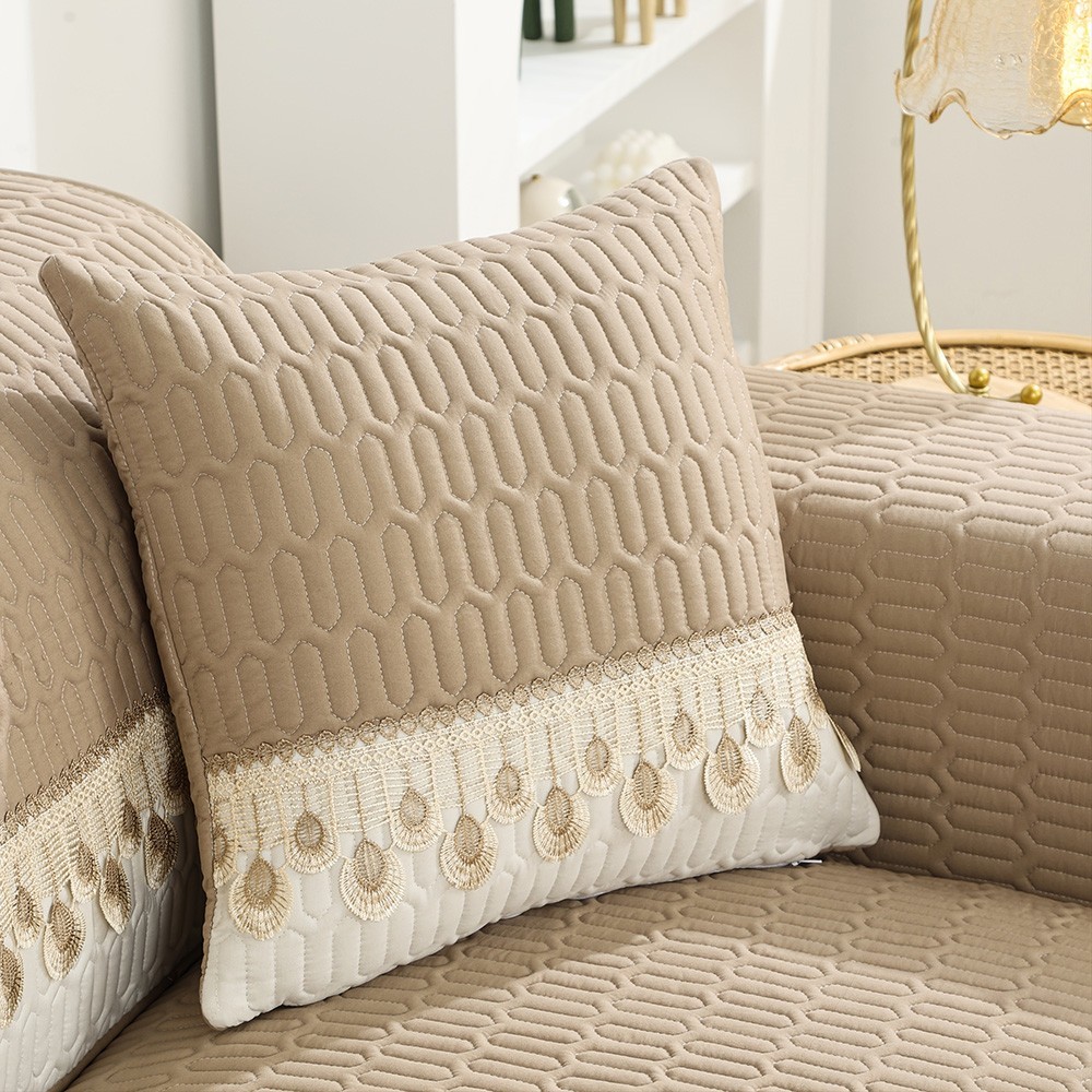 90-70cm Feather Embroidery Quilted Couch Cover - Khaki