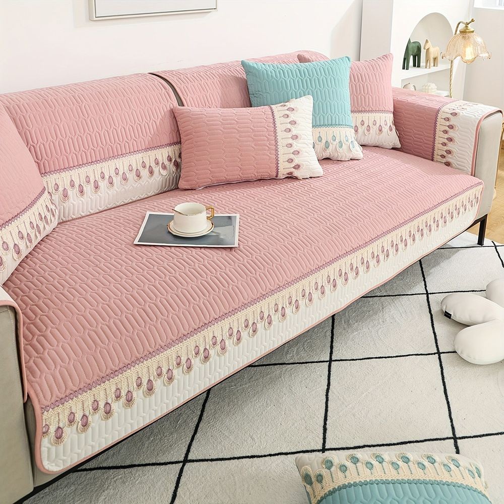 9070cm Feather Embroidery Quilted Couch Cover Pink