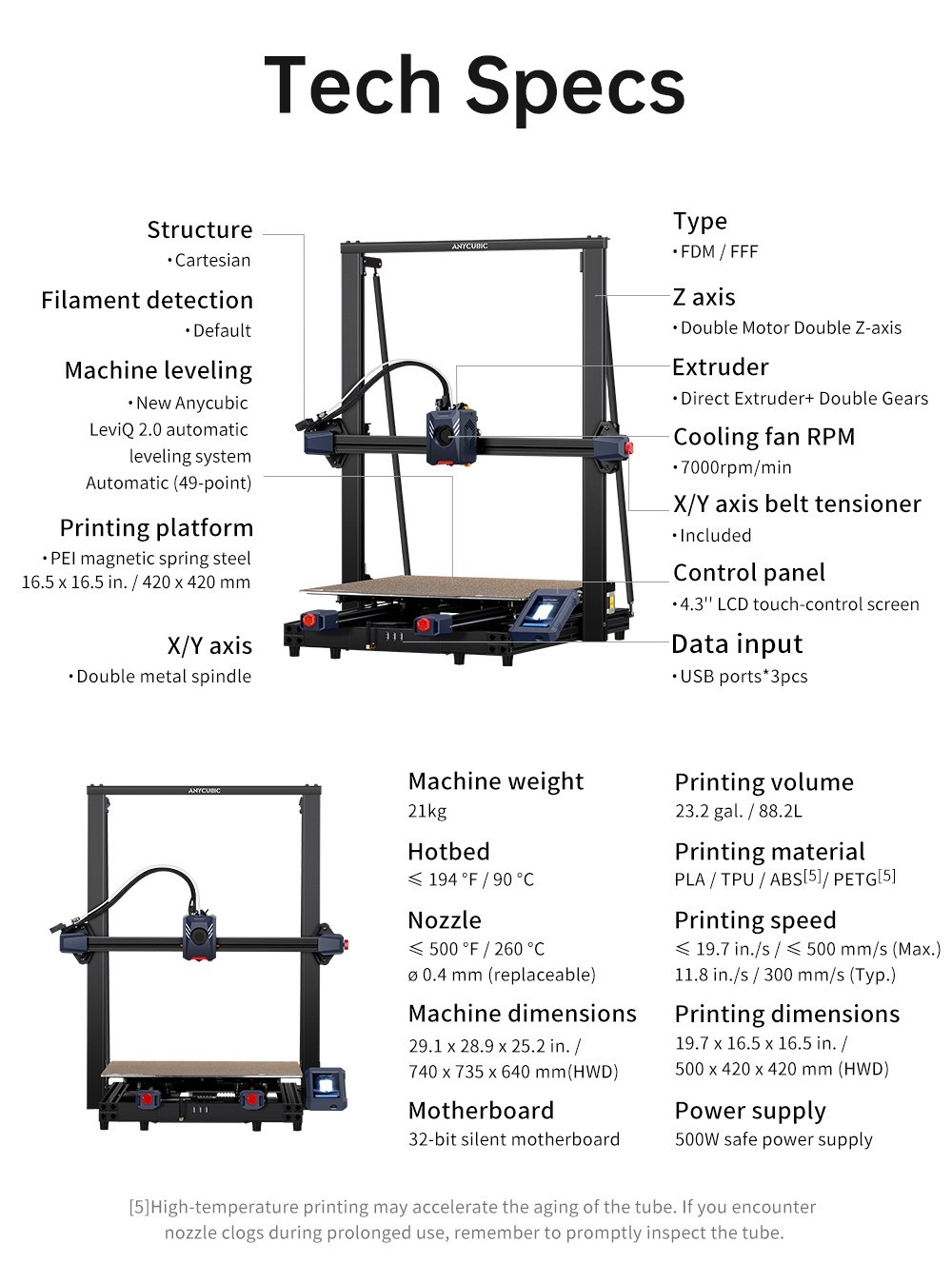 Anycubic Kobra 2 Max 3D Printer, 49-Point Auto Leveling, 500mm/s Max Printing Speed, Direct Extruder, 32-bit Silent Motherboard, Filament Detection, Cooling Fan, APP Control, 420x420x500mm - EU Plug
