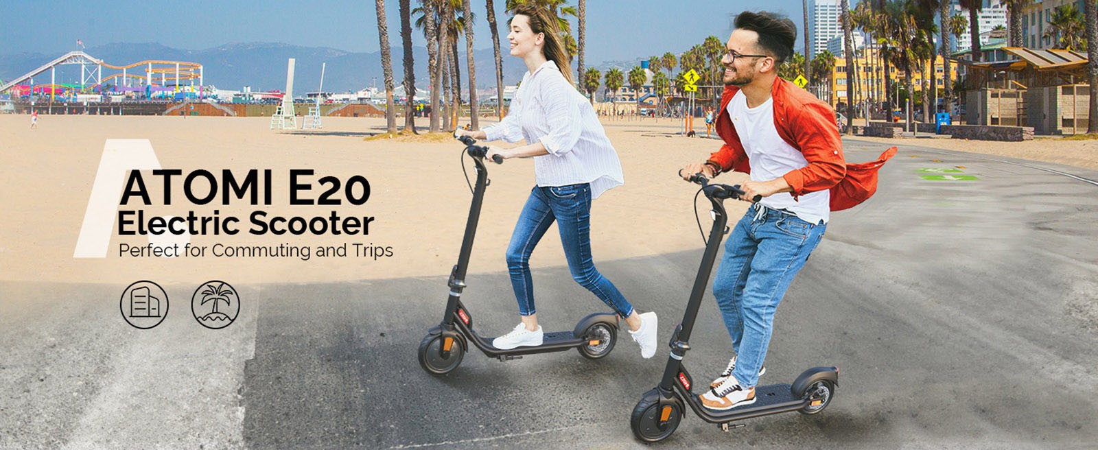 Atomi E20 Electric Scooter 8.5 inch Air Tire 250W Motor (Max Output 500W) 36V 7.5Ah batéria 30km dojazd Dvojitá brzda 120kg